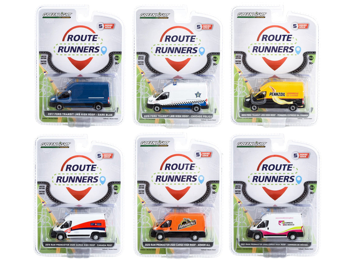 "Route Runners" Set of 6 Vans Series 5 1/64 Diecast Model Cars by Greenlight  free shipping USA