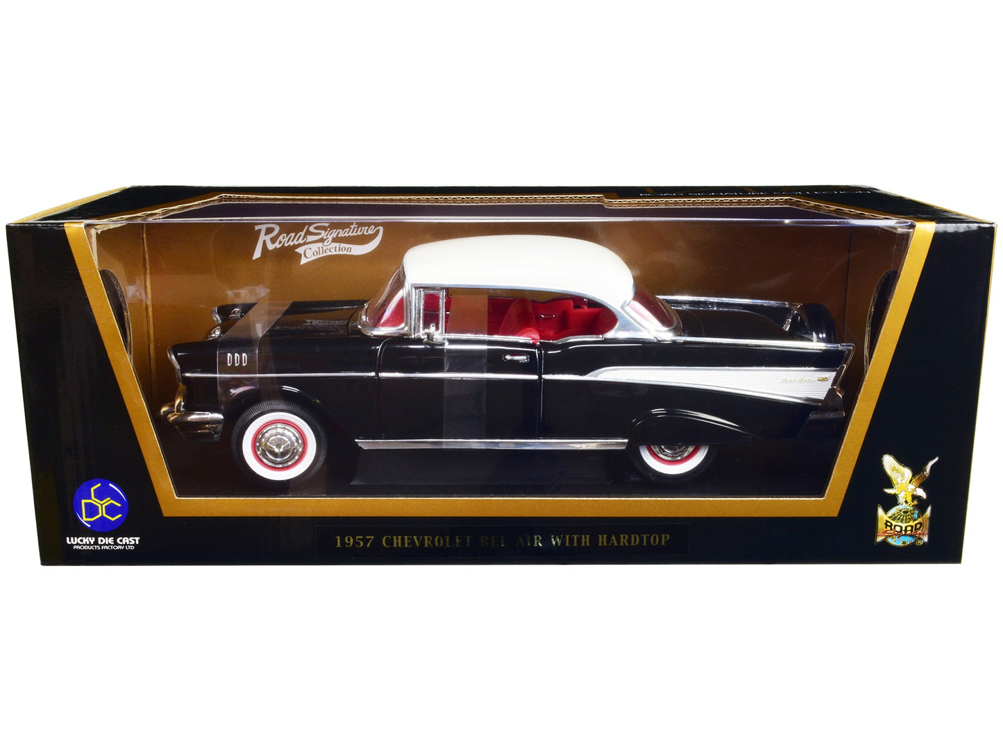 1957 Chevrolet Bel Air Hardtop Black with White Top and Red Interior 1/18 Diecast Model Car by Road Signature  free shipping USA