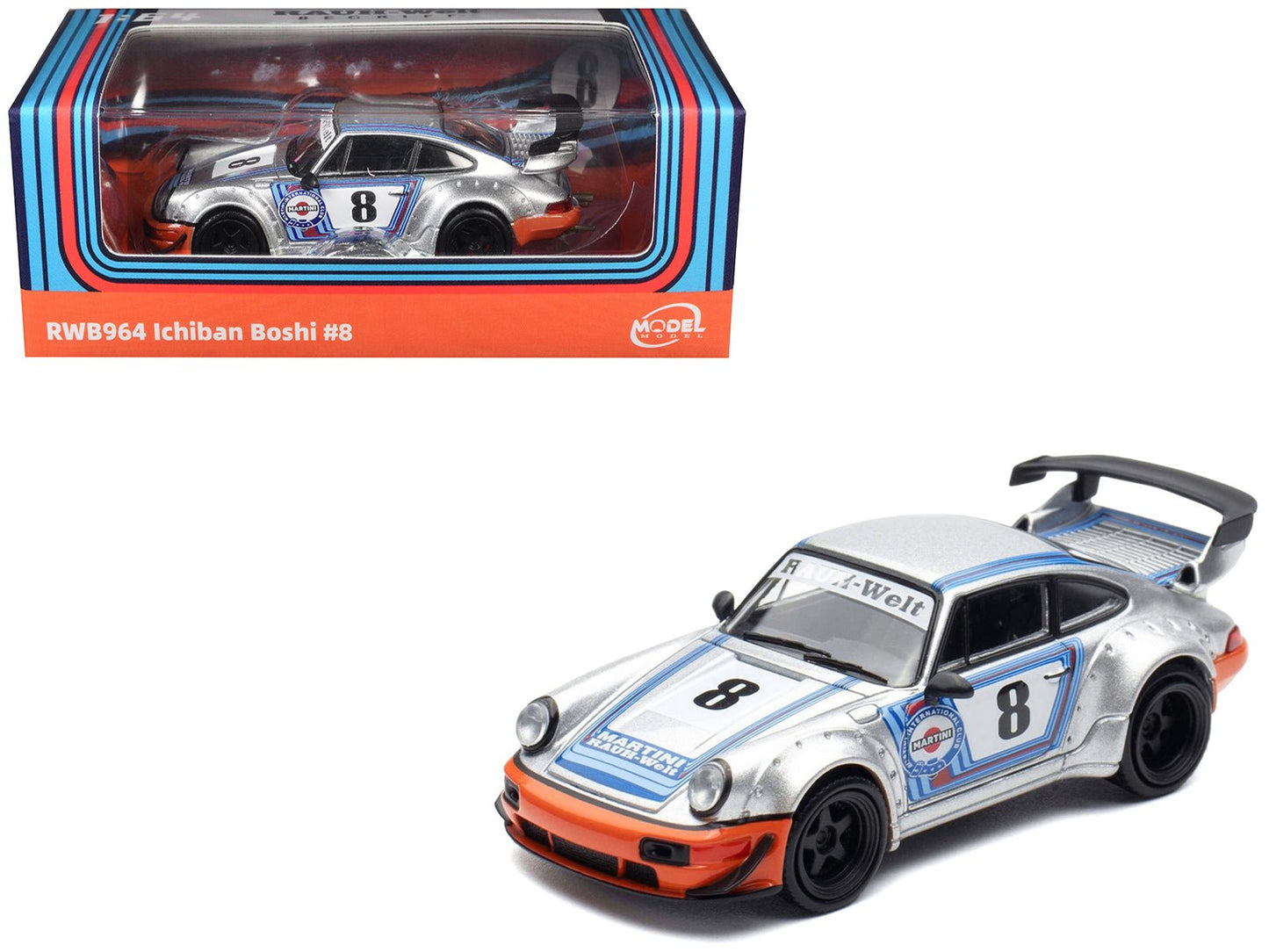 RWB 964 #8 "Ichiban Boshi - Martini Racing" Silver Metallic with Stripes 1/64 Diecast Model Car by Model Model  free shipping USA