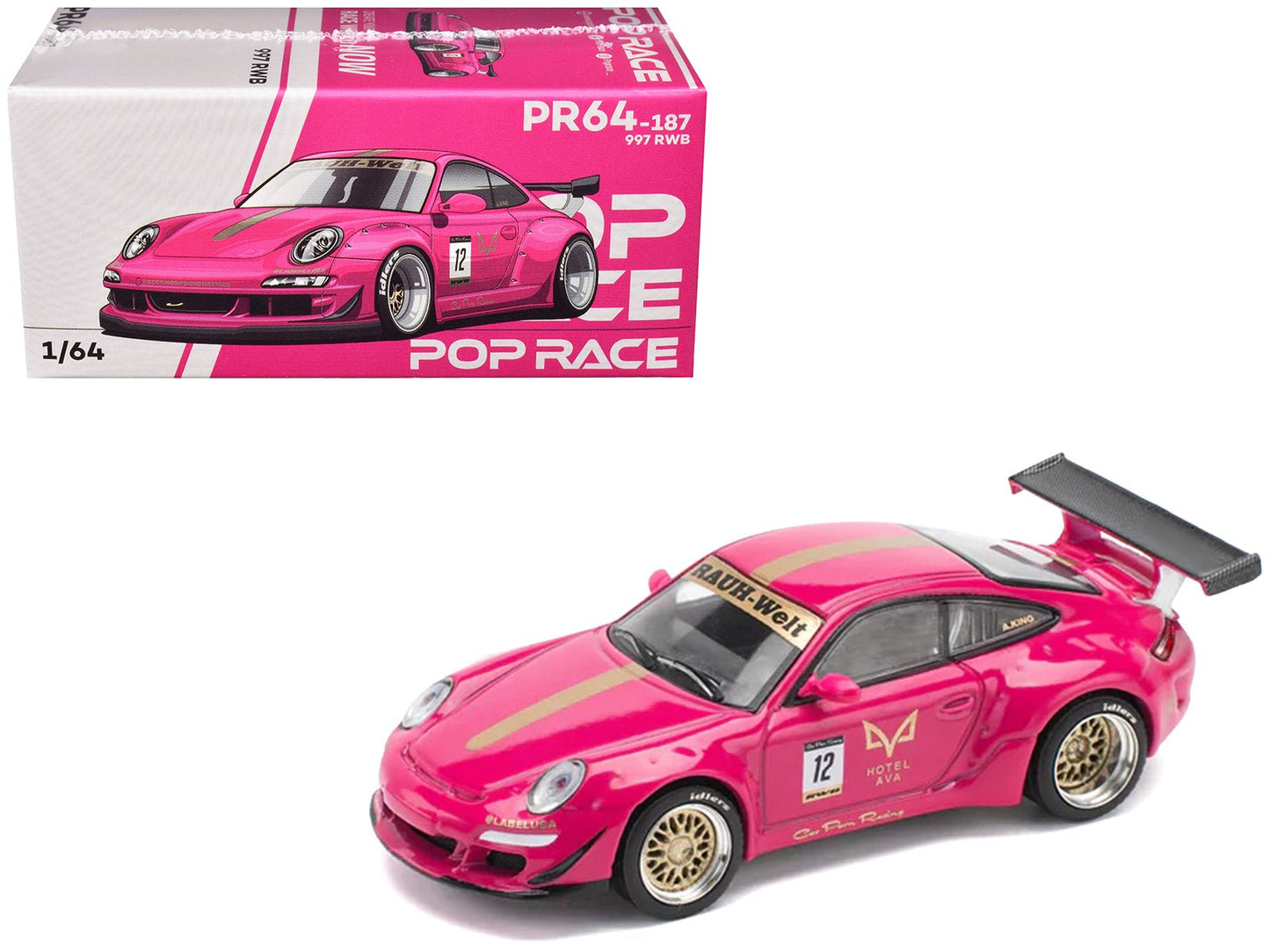 RWB 997 #12 "Hotel Ava" Pink Metallic 1/64 Diecast Model Car by Pop Race  free shipping USA