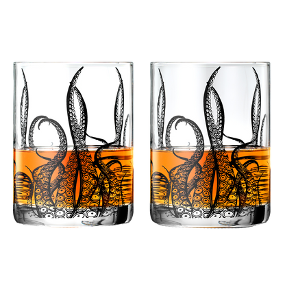 Octopus Tentacle Whiskey Glassware | Set of 2 | 9 OZ Handmade Craft Beer, Cocktail, Water, Bar Rock Glass - Kraken Tumbler Gift Set, Old Fashioned Rocks Glasses, Antique Design Extraordinary Detail by The Wine Savant