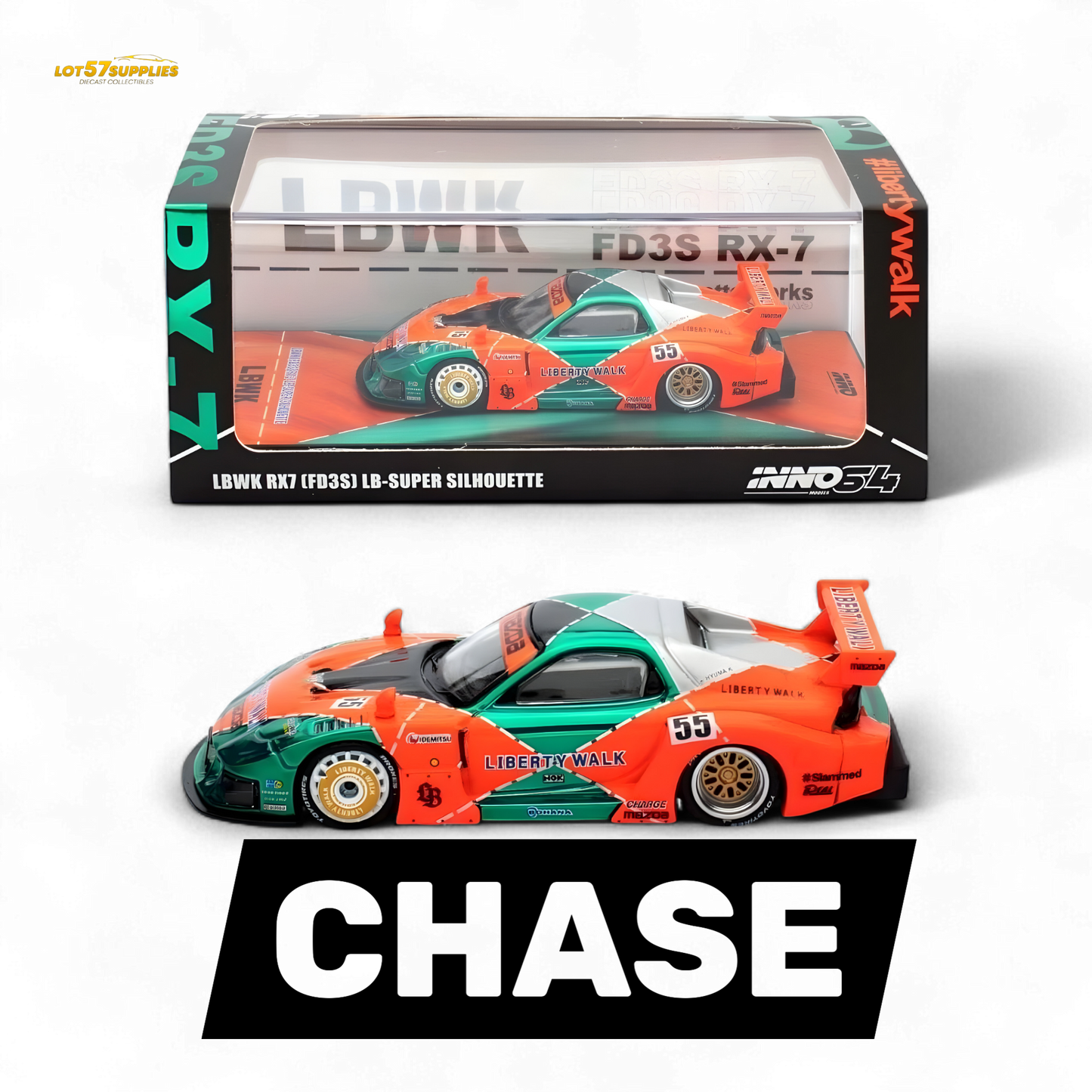 Inno64 CHASE Mazda RX-7 LBWK FD3S Orange/Green MDX 24' 1:64