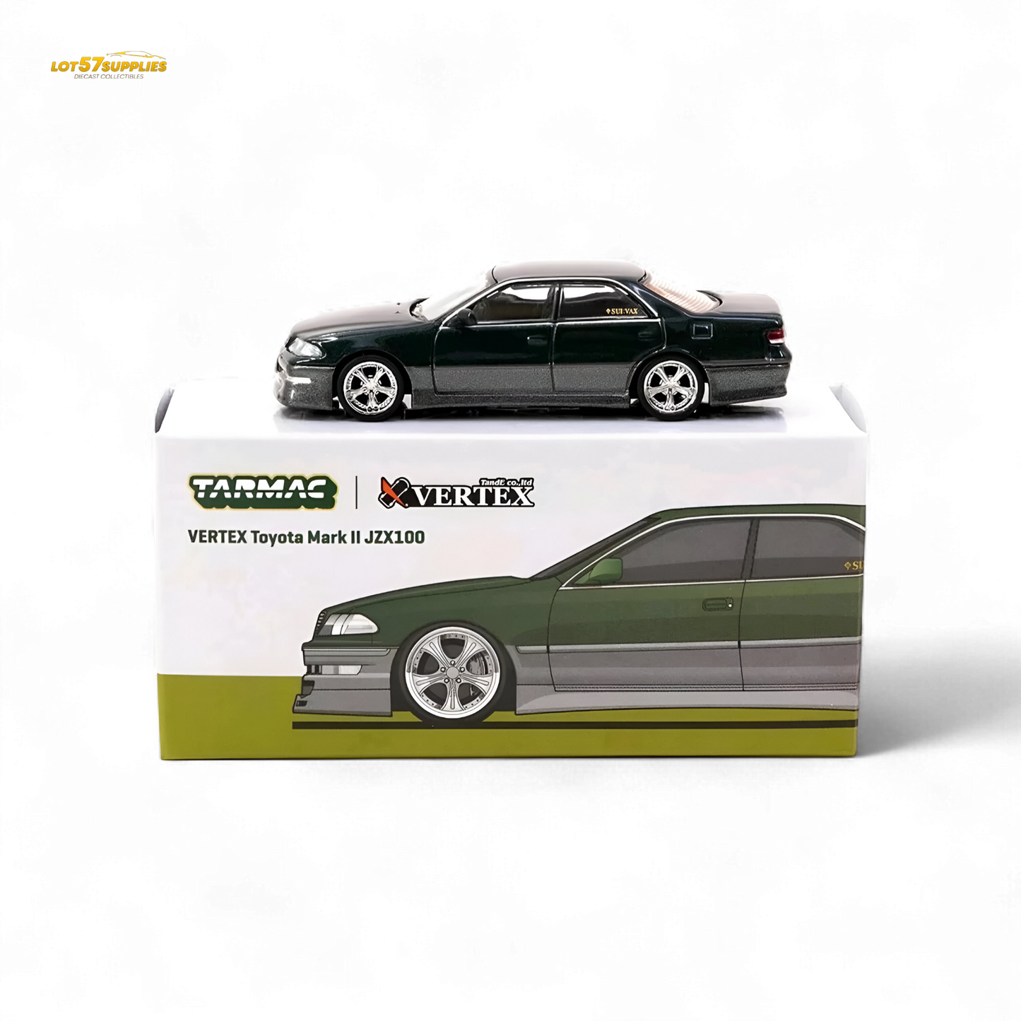 Tarmac Works Global64 VERTEX Toyota Mark II JZX100 Dark Green Metallic 1:64 T64G-024-GR
