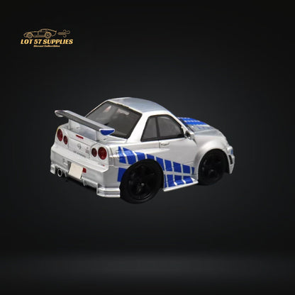 YM model X QCAR Skyline R34 Silver Blue F&F Livery Resin 1:64
