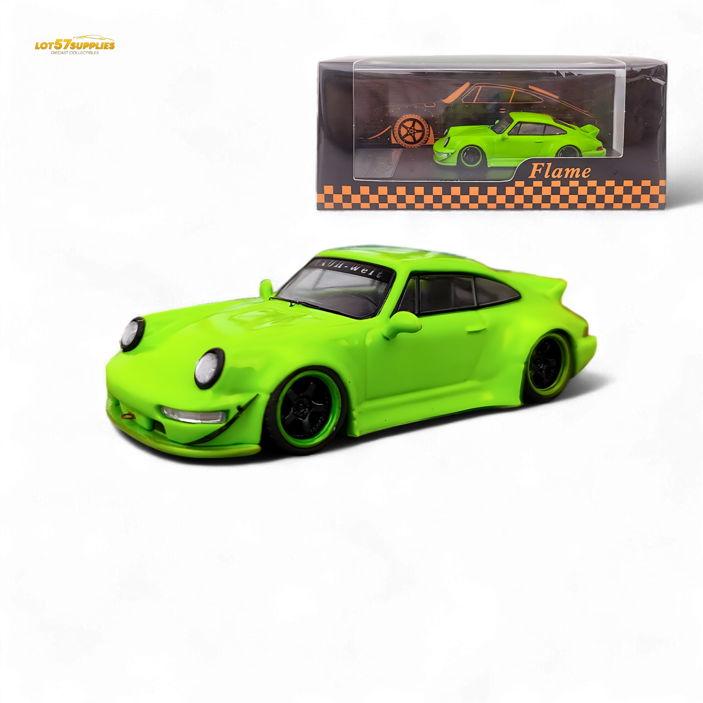 Flame Porsche 964 RWB Ducktail in Fluorescent Green 1:64