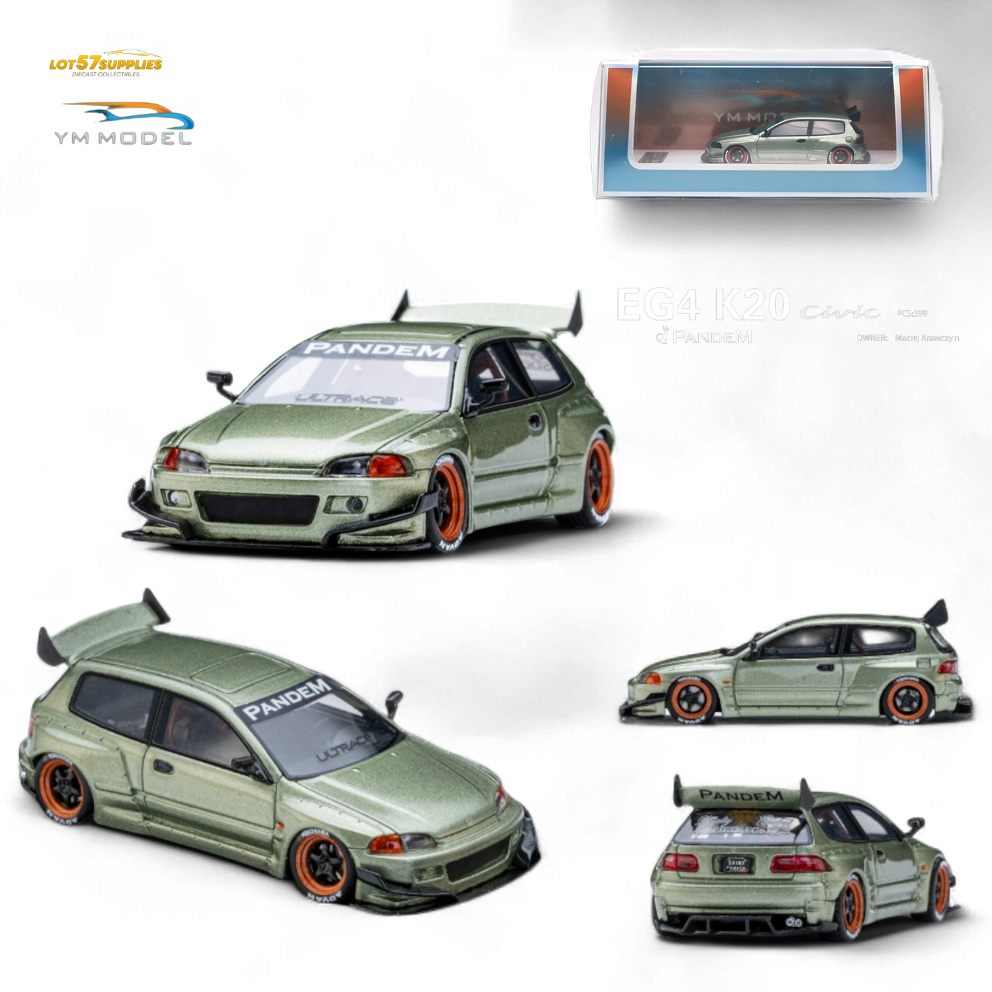 YM Model Honda Civic Pandem EG4 K20 Modified Bronze Green 1:64 Limited to 399 PCS