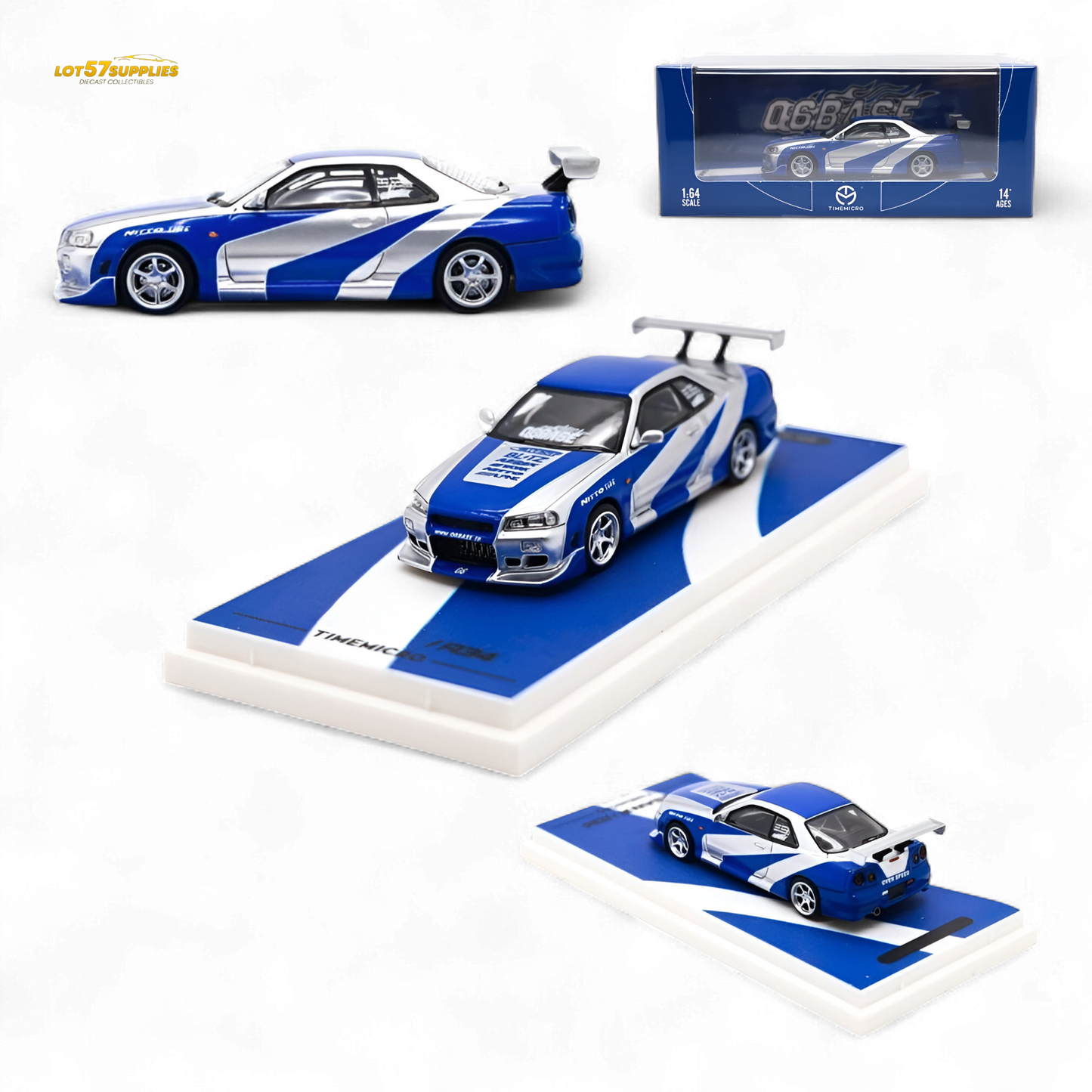TimeMicro SKYLINE GT-R R34 - Blue Silver Ordinary 1:64