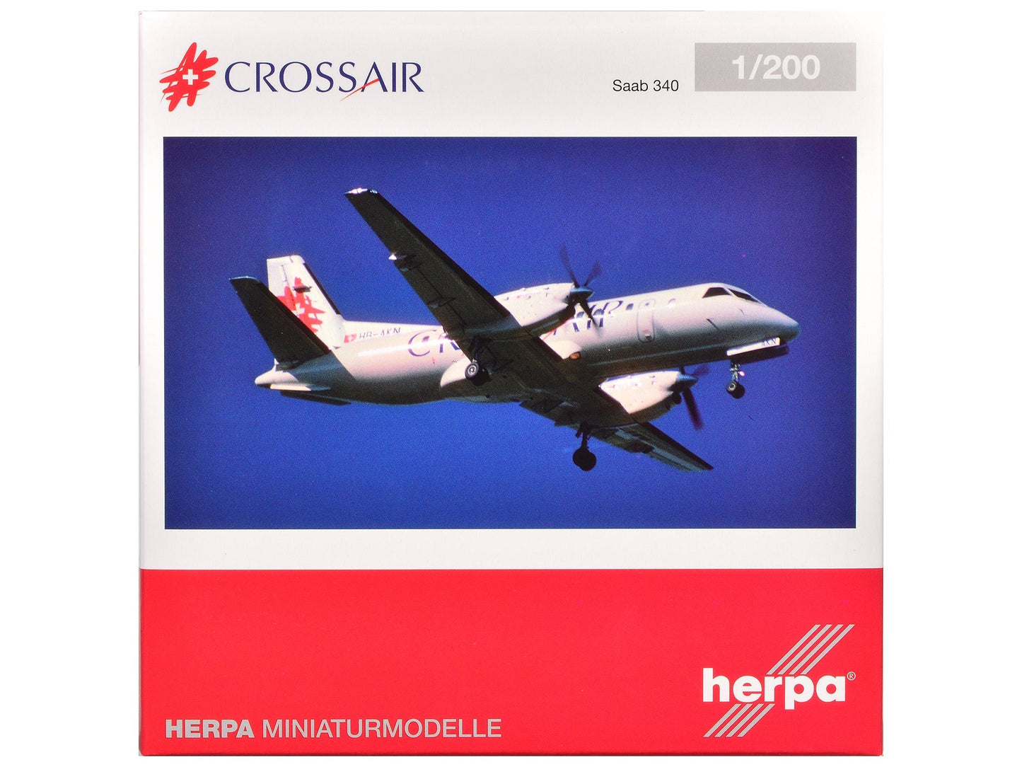 Saab 340 Commercial Aircraft "Crossair" (HB-AKN) White with Tail Graphics 1/200 Diecast Model Airplane by Herpa  free shipping USA
