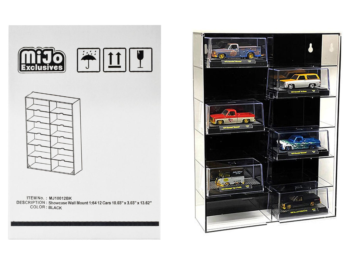Showcase 12 Car Display Case Wall Mount with Black Back Panel and Extra Space "Mijo Exclusives" for 1/64 Scale Models  free shipping USA