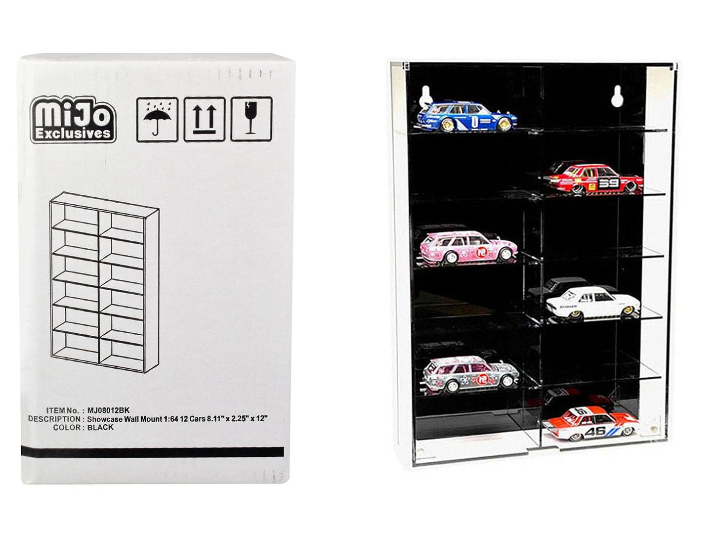 Showcase 12 Car Display Case Wall Mount with Black Back Panel "Mijo Exclusives" for 1/64 Scale Models  free shipping USA