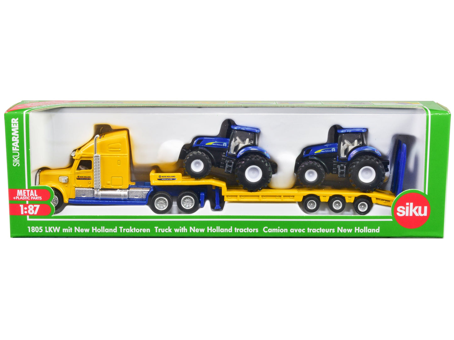 Tractor Truck Yellow with 2 New Holland T7070 Tractors Blue 1/87 (HO) Diecast Models by Siku  free shipping USA