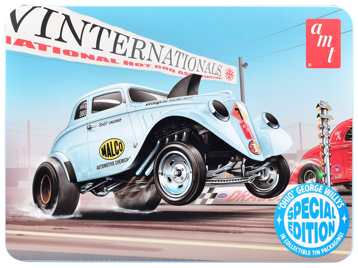 Skill 2 Model Kit 1933 Willys Gasser "Ohio George" with Collectible Tin Packaging 1/25 Scale Model by AMT  free shipping USA