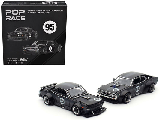 Skyline GT-R V8 Drift "Hakosuka" RHD (Right Hand Drive) #95 Black and Datsun Laurel C130 RHD (Right Hand Drive) Black 2 Car Box Set "Hong Kong Toycar Salon 2025" 1/64 Diecast Model Car by Pop Race  free shipping USA