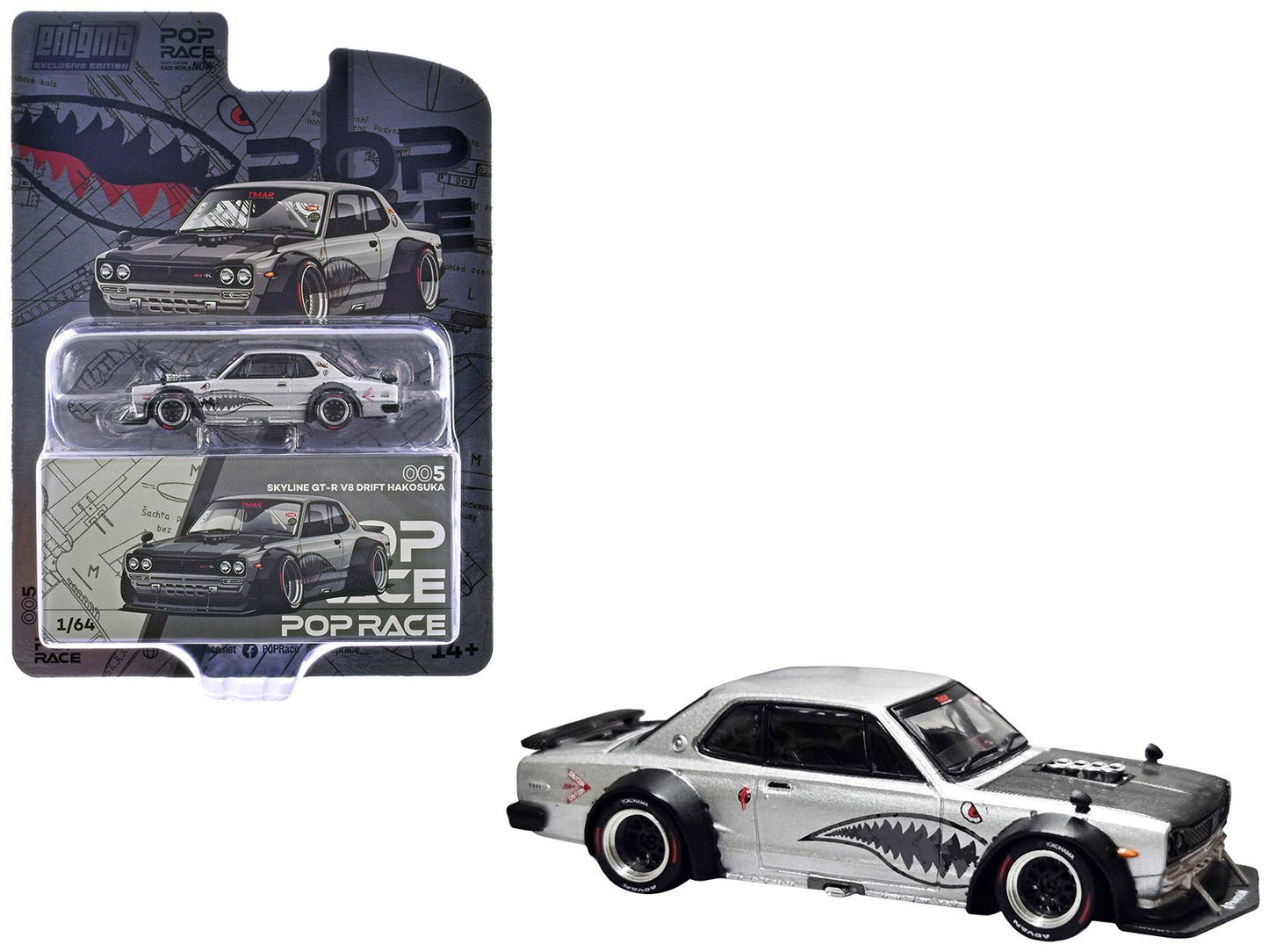 Skyline GT-R V8 Drift "Hakosuka" RHD (Right Hand Drive) Silver Metallic with Carbon Hood and Shark Mouth Graphics "Enigma Exclusive Edition" 1/64 Diecast Model Car by Pop Race  free shipping USA