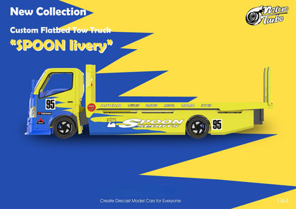 MicroTurbo Hino 300 Custom Flatbed Tow Truck Spoon Livery 1:64