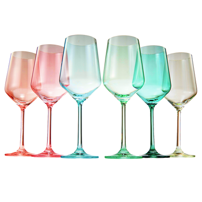 Colored Crystal Wine Glass Set of 6, Gift For Mothers Day, Her, Wife, Mom Friend - Large 12 oz Glasses, Unique Italian Style Tall Drinkware - Red & White, Dinner, Beautiful Glassware - (Summer) by The Wine Savant
