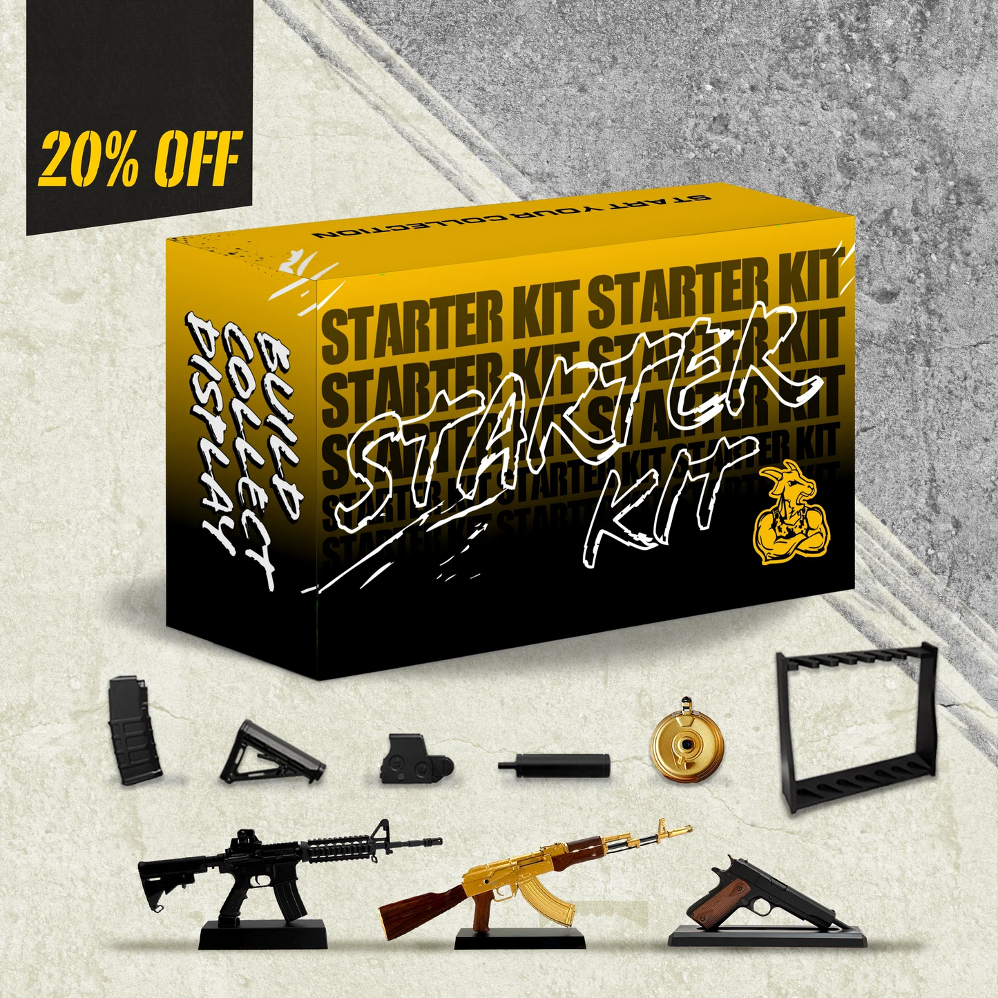 GoatGuns 1/3 Scale Diecast Starter Pack 3 Model Guns with accessories and Gun Rack KIT-STARTER