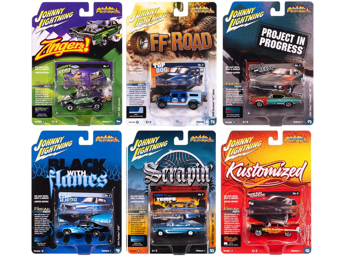 "Street Freaks" 2025 Release 1 Set B of 6 Cars 1/64 Diecast Model Cars by Johnny Lightning  free shipping USA