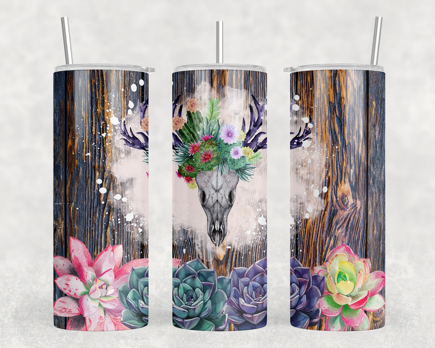 Succulent Deer Skull - 20 oz Steel Skinny Tumbler - Optional Blue Tooth Speaker - Speaker Color will Vary by Rowdy Ridge Co