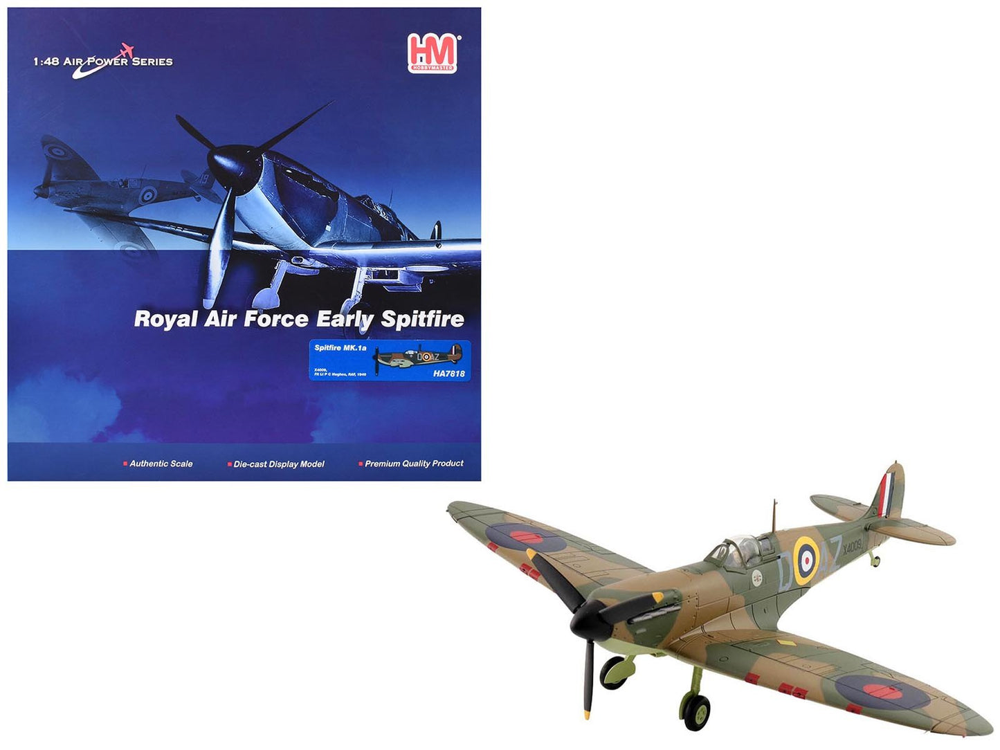 Supermarine Spitfire Mk.1a Fighter Aircraft "X4009 Flight Lieutenant P.C. Hughes" (1940) British Royal Air Force "Air Power Series" 1/48 Diecast Model by Hobby Master  free shipping USA