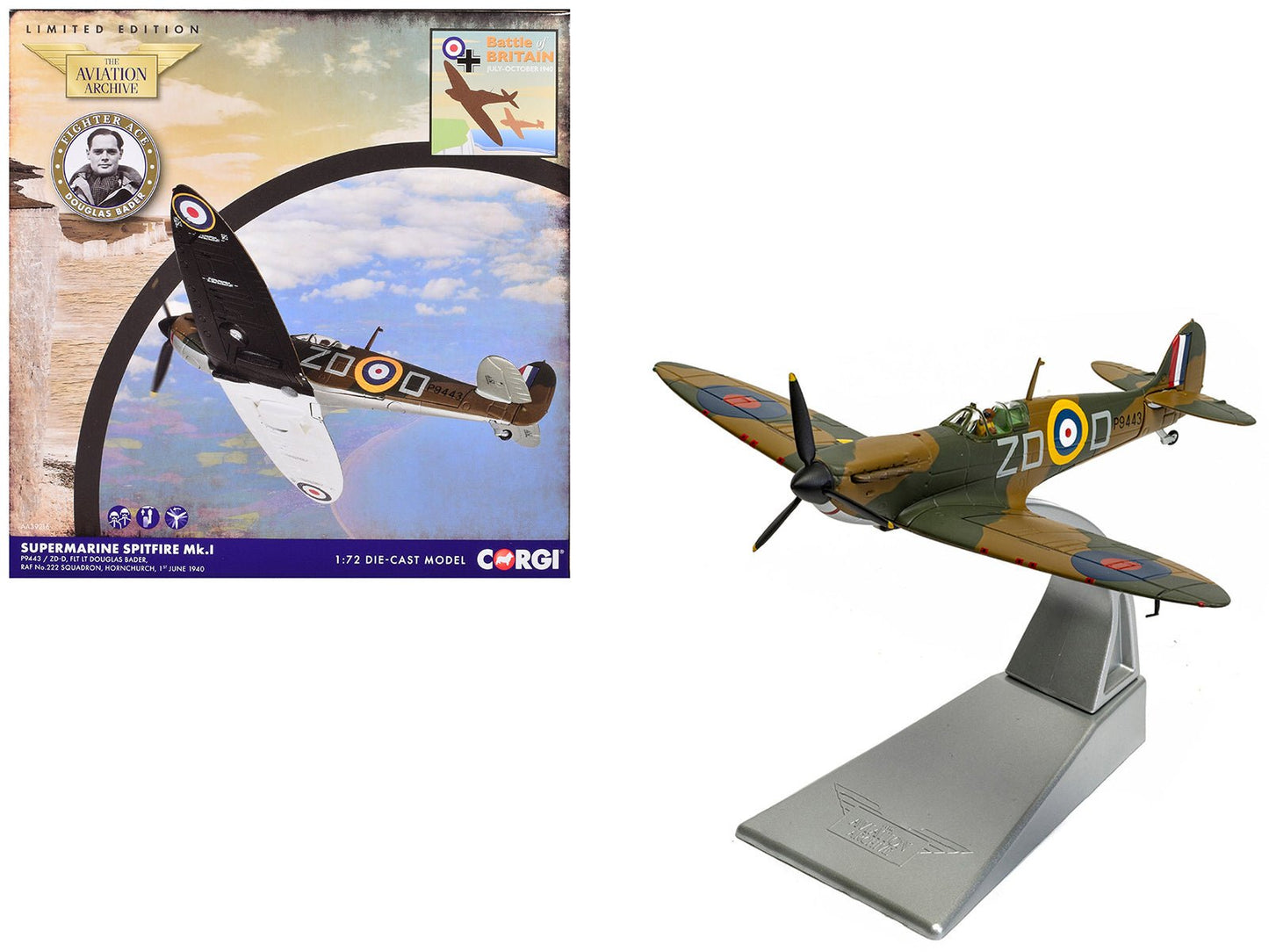 Supermarine Spitfire MkI Fighter Aircraft "P9443 ZD-D Flight Lieutenant Douglas Bader No. 222 Squadron Battle of Britain" (1940) Royal Air Force "The Aviation Archive" Series 1/72 Diecast Model by Corgi  free shipping USA