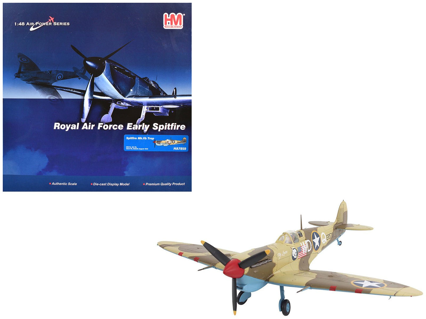 Supermarine Spitfire Mk.Vb Trop Fighter Aircraft "ER570 4th Fighter Squadron 52nd Fighter Group" (1943) Mediterranean Allied Coastal Air Force "Air Power Series" 1/48 Diecast Model by Hobby Master  free shipping USA