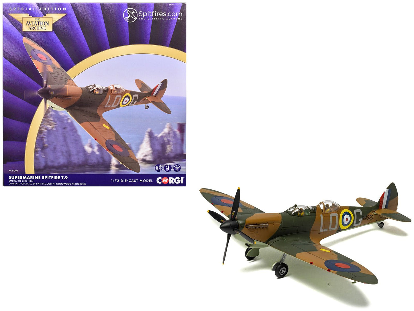 Supermarine Spitfire T.9 Aircraft "SM520 Spitfires.com Goodwood Aerodrome" British Royal Air Force "The Aviation Archive" Series 1/72 Diecast Model by Corgi  free shipping USA