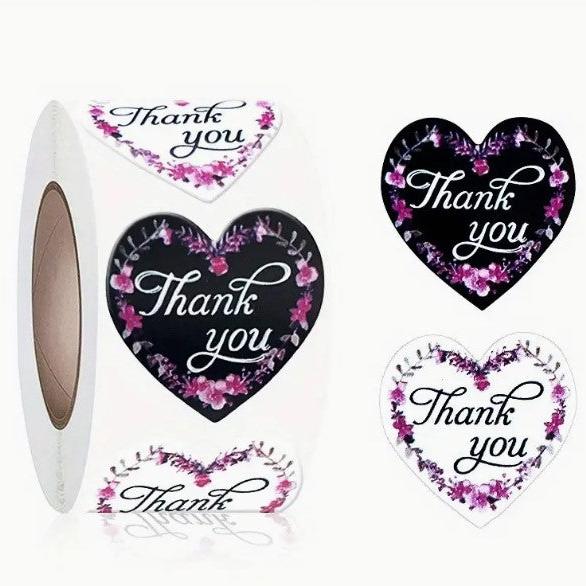 Thank You Stickers 1.5 inch 500 Count Per Roll Pink Flowers Heart Shaped Shipping Supplies