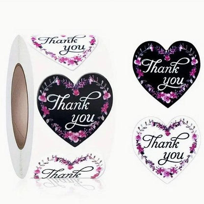 Thank You Stickers 1.5 inch 500 Count Per Roll Pink Flowers Heart Shaped Shipping Supplies