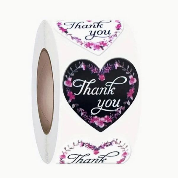 Thank You Stickers 1.5 inch 500 Count Per Roll Pink Flowers Heart Shaped Shipping Supplies