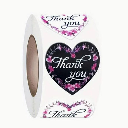 Thank You Stickers 1.5 inch 500 Count Per Roll Pink Flowers Heart Shaped Shipping Supplies