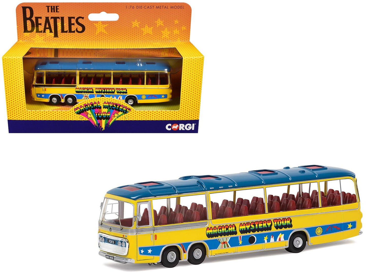 The Beatles "Magical Mystery Tour" Bus Yellow with Blue Top and Graphics Diecast Model Car by Corgi  free shipping USA