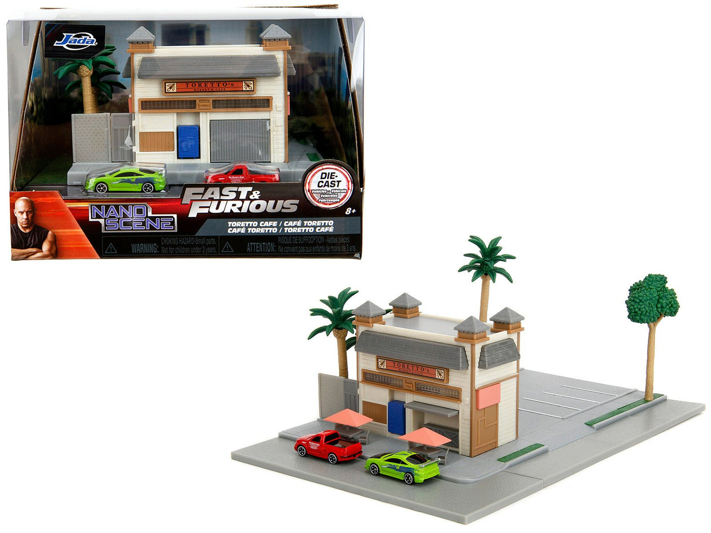 Toretto Cafe Diorama with Mitsubishi Eclipse Green and Ford F-150 SVT Lightning Red "Fast and Furious" "Nano Scene" Series Model by Jada  free shipping USA