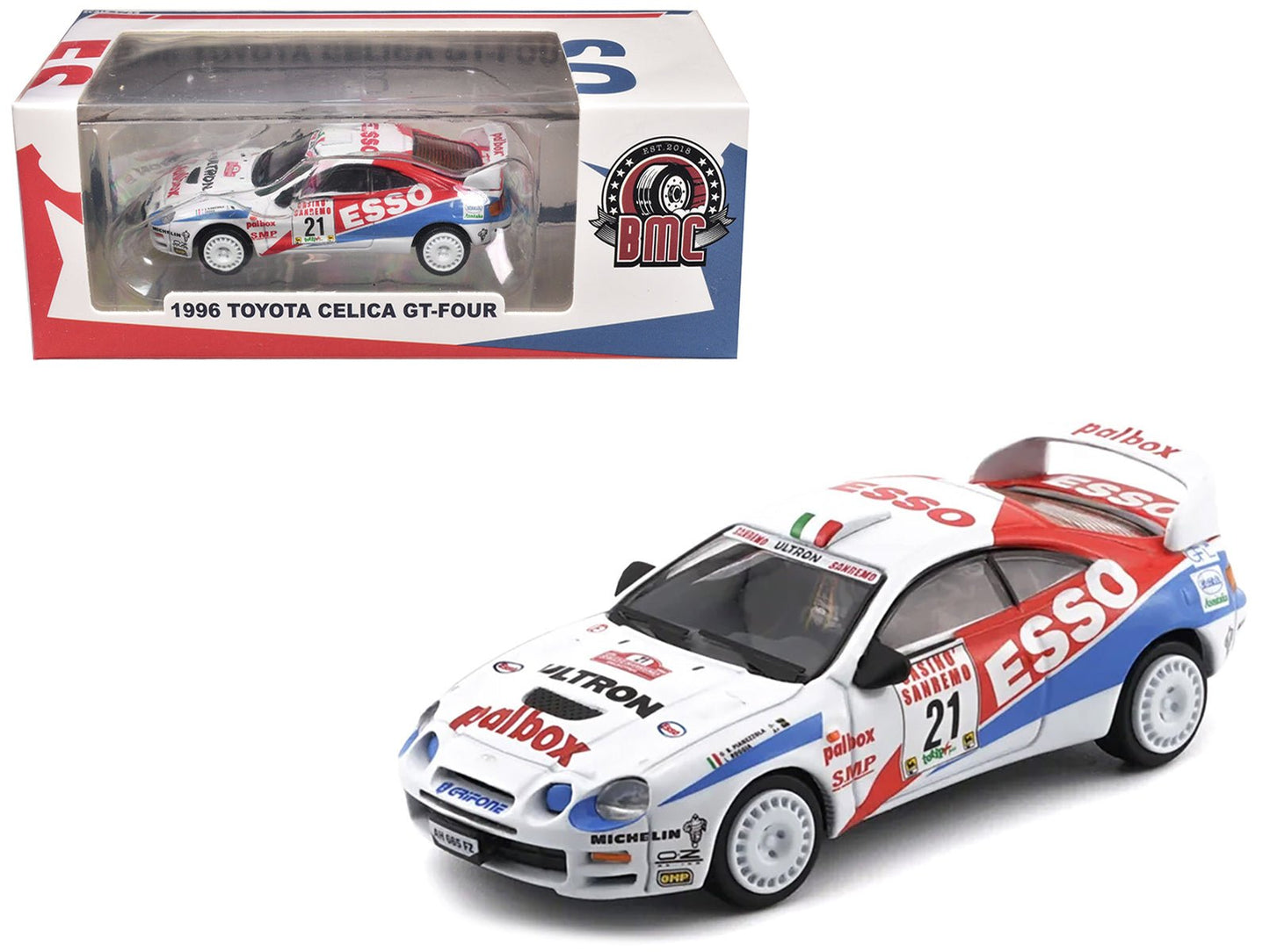 Toyota Celica GT-Four #21 Gilberto Pianezzola - Loris Roggia "Rallye Sanremo - Rallye d'Italia" (1996) with Extra Wheels 1/64 Diecast Model Car by BM Creations  free shipping USA