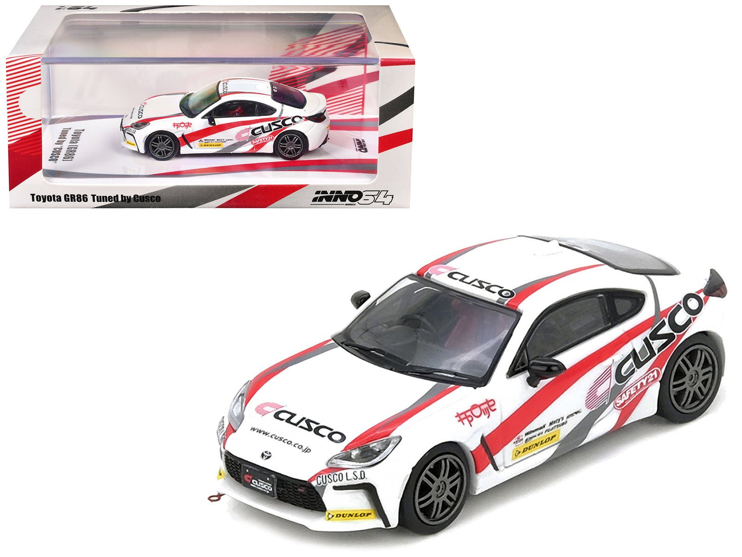 Toyota GR86 Tuned by "CUSCO" RHD (Right Hand Drive) White with Red and Gray Stripes 1/64 Diecast Model Car by Inno Models  free shipping USA
