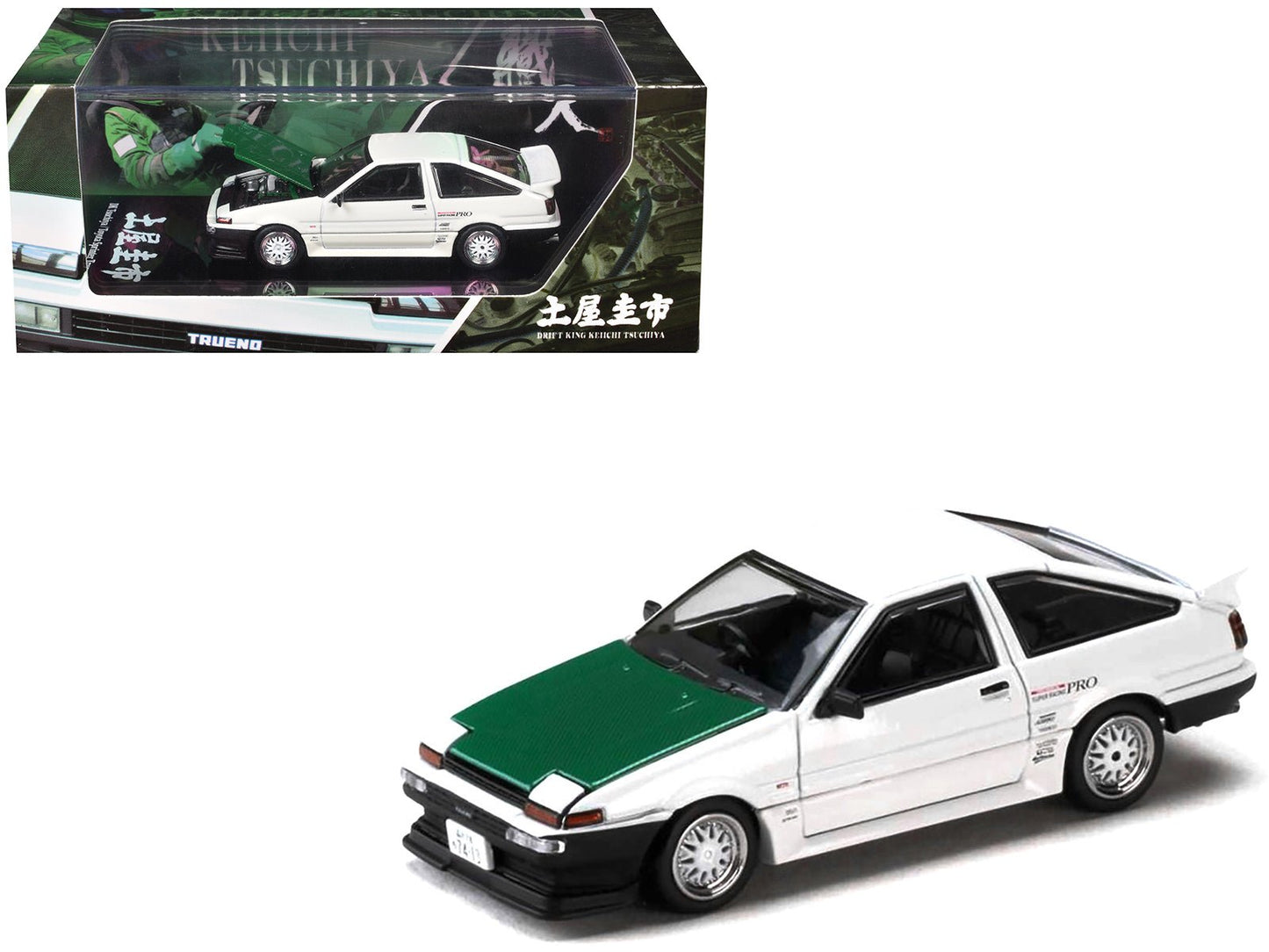 Toyota Sprinter Trueno (AE86) RHD (Right Hand Drive) "Keiichi Tsuchiya - Dori Dori Mesh Wheels" White with Green Carbon Hood 1/64 Diecast Model Car by Hobby Japan  free shipping USA