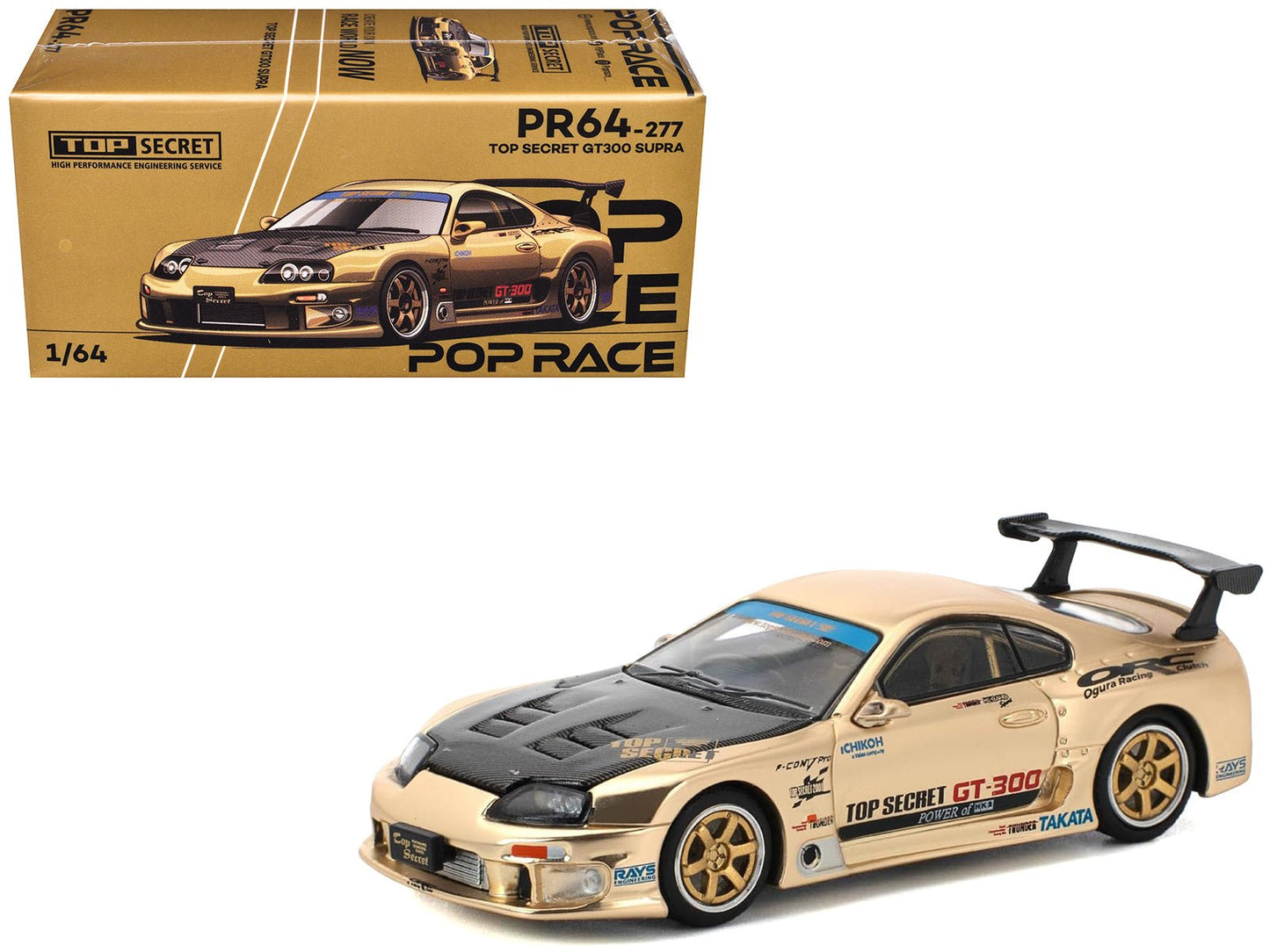 Toyota Supra "Top Secret" GT300 RHD (Right Hand Drive) Gold Metallic with Carbon Hood 1/64 Diecast Model Car by Pop Race  free shipping USA