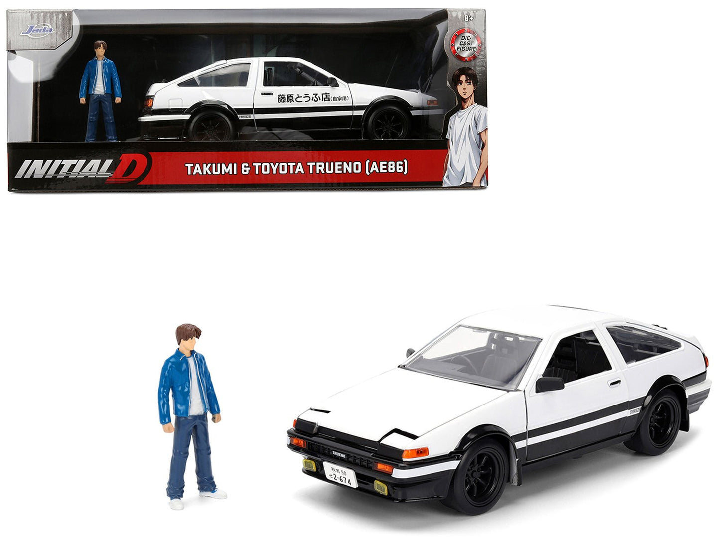 Toyota Trueno (AE86) RHD (Right Hand Drive) White and Black with Graphics and Takumi Diecast Figure "Initial D" (1998-2021) TV Series "Anime Hollywood Rides" Series 1/24 Diecast Model by Jada  free shipping USA