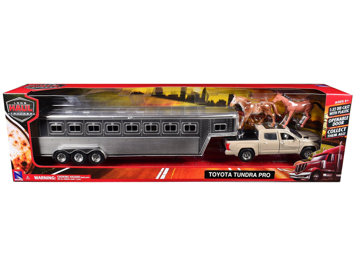 Toyota Tundra Pro Pickup Truck Beige with Horse Trailer Chrome and Horse Figures "Long Haul Truckers" Series 1/32 Diecast Model by New Ray  free shipping USA