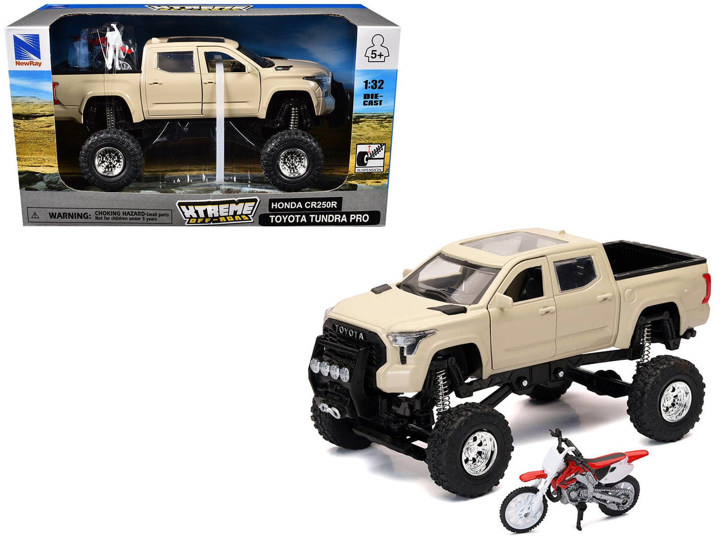 Toyota Tundra Pro Pickup Truck Tan and Honda CR250R Motorcycle Red and White "Xtreme Off-Road" Series 1/32 Diecast Models by New Ray  free shipping USA