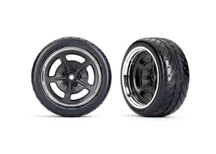 Traxxas 9373 Tires w/ Black/Chrome Wheels Assembled Glued (Extra Wide Rear) (2)