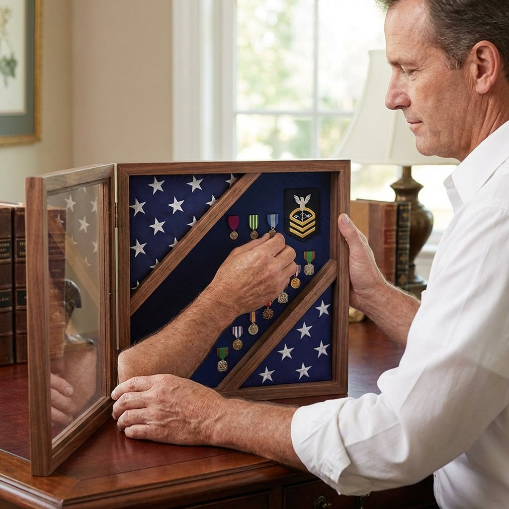 Flag Display Box, Wood Flag Red White and Blue Box - Fit 3' x 5' Flag.