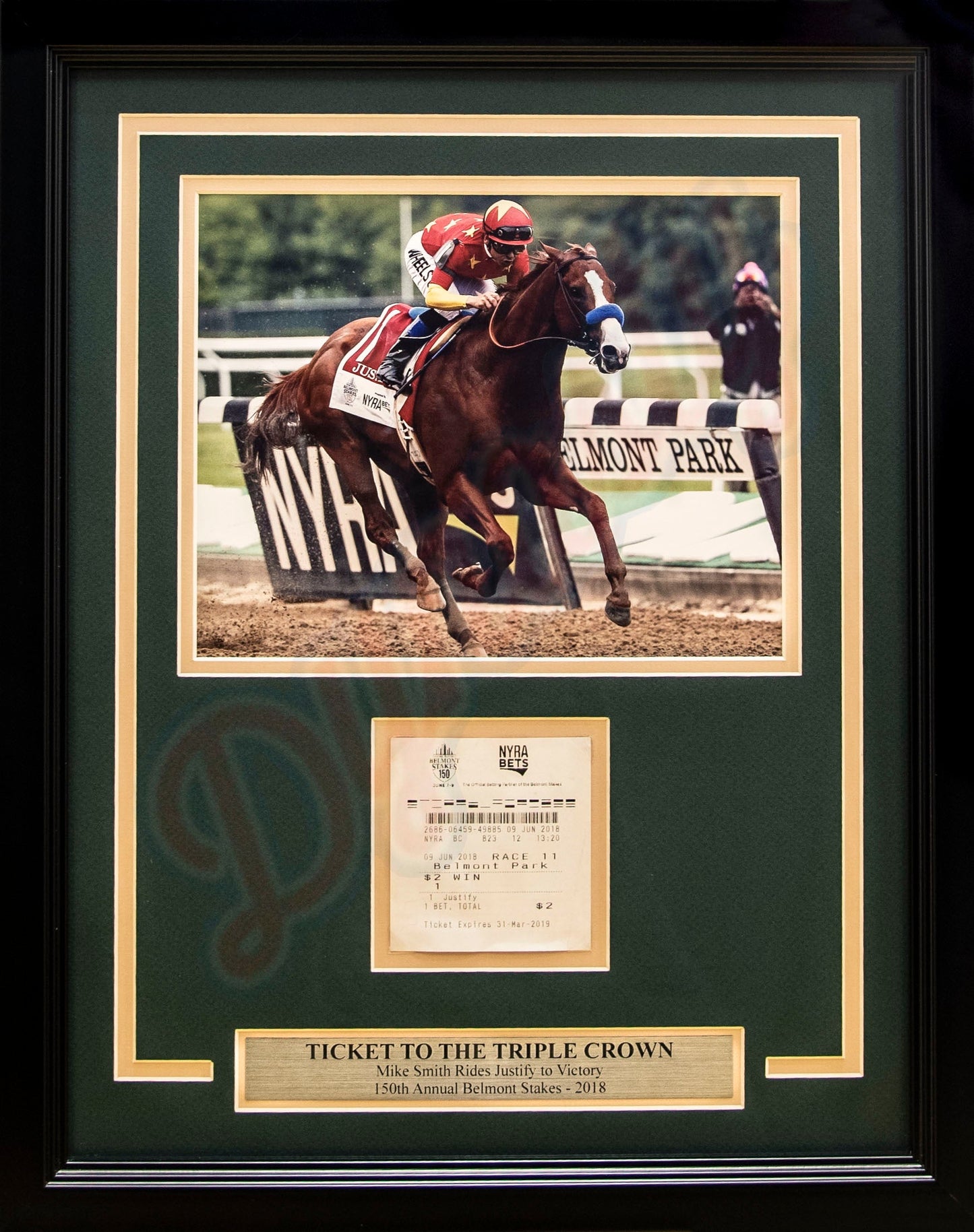 Mike Smith & Justify 2018 Belmont Stakes Framed and Matted Horse Racing Ticket Collage