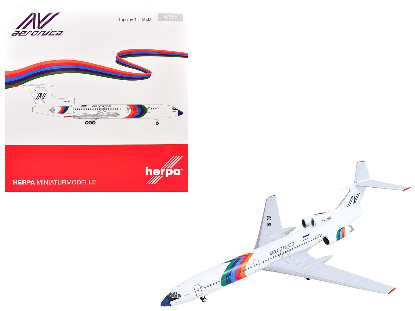 Tupolev TU-154M Commercial Aircraft "Aeronica" (YN-CBT) White with Stripes 1/200 Diecast Model by Herpa  free shipping USA