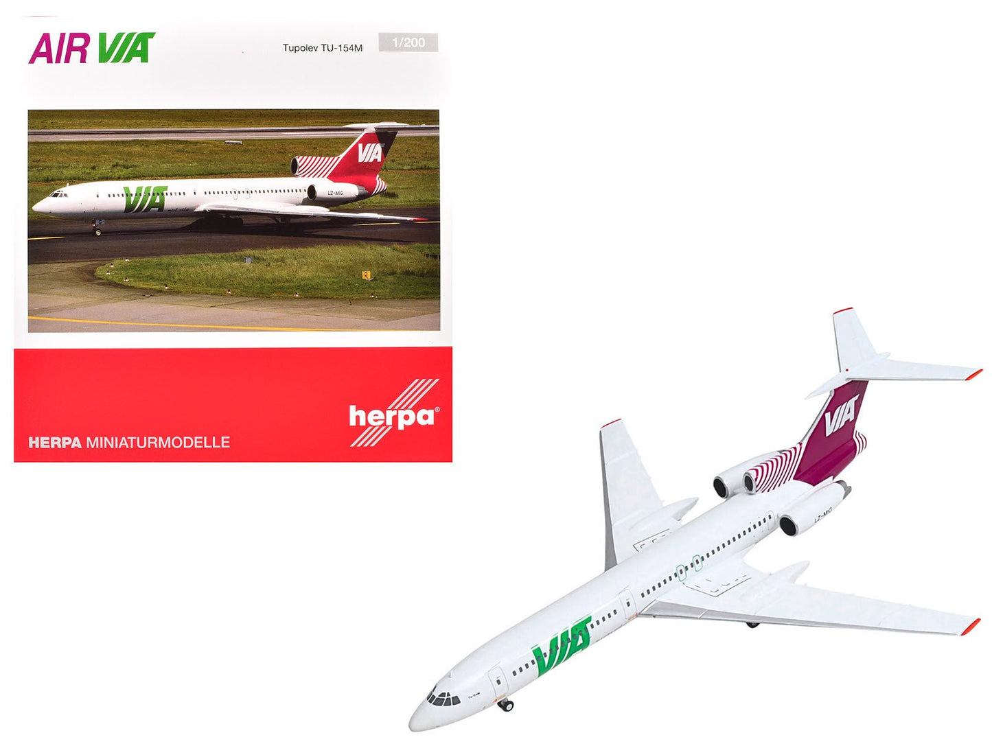 Tupolev TU-154M Commercial Aircraft "Air Via" (LZ-MIG) White with Red Tail 1/200 Diecast Model by Herpa  free shipping USA