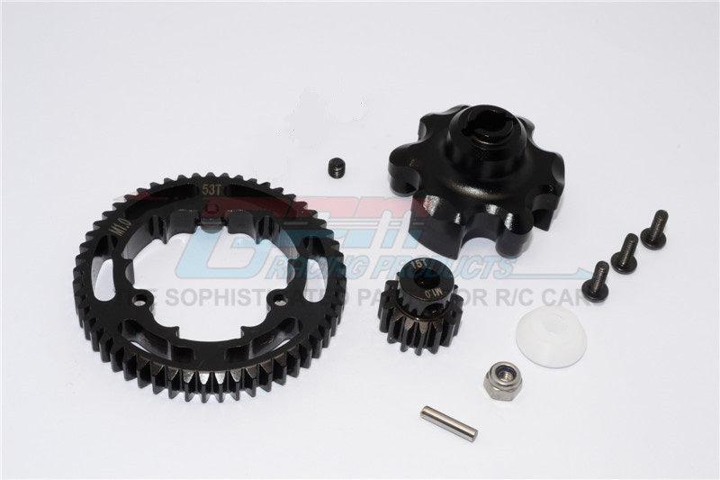 GPM ALUMINUM ADAPTER STEEL SPUR GEAR 53T MOTOR GEAR 15T TRAXXAS X-MAXX BLACK