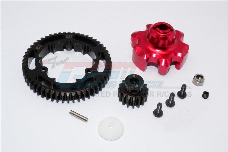 GPM ALUMINUM ADAPTER STEEL SPUR GEAR 53T MOTOR GEAR 16T TRAXXAS X-MAXX RED