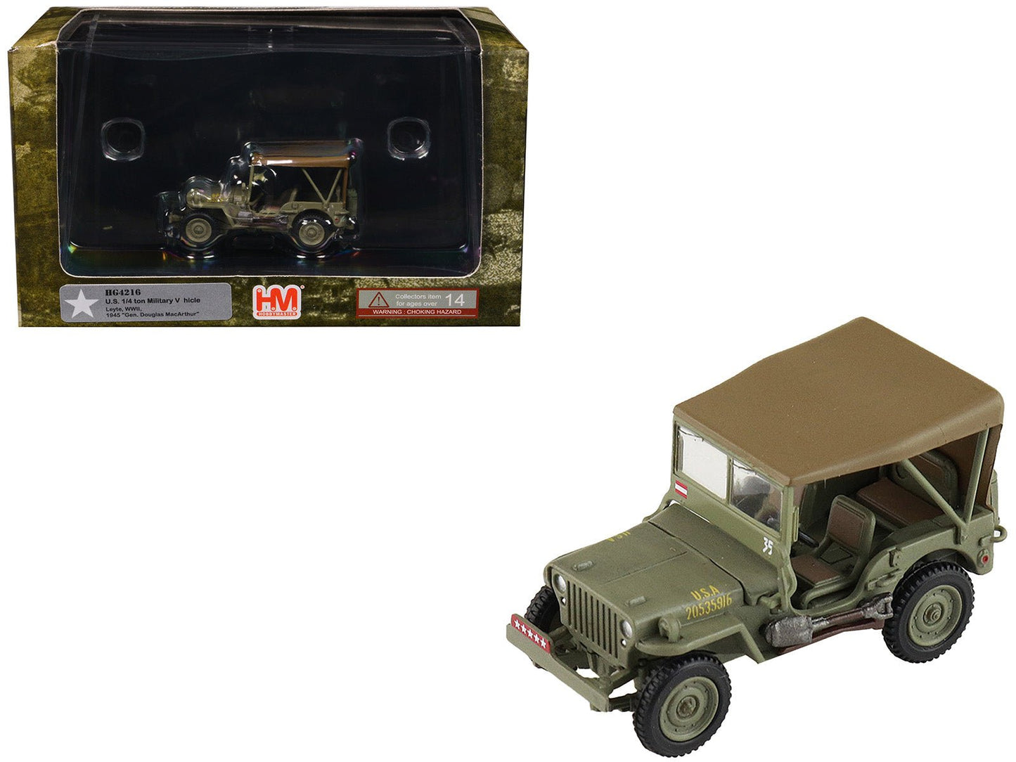 U.S. 1/4 ton Military Vehicle Olive Drab "Gen. Douglas MacArthur Leyte WWII" (1945) United States Army "Ground Power Series" 1/72 Diecast Model by Hobby Master  free shipping USA