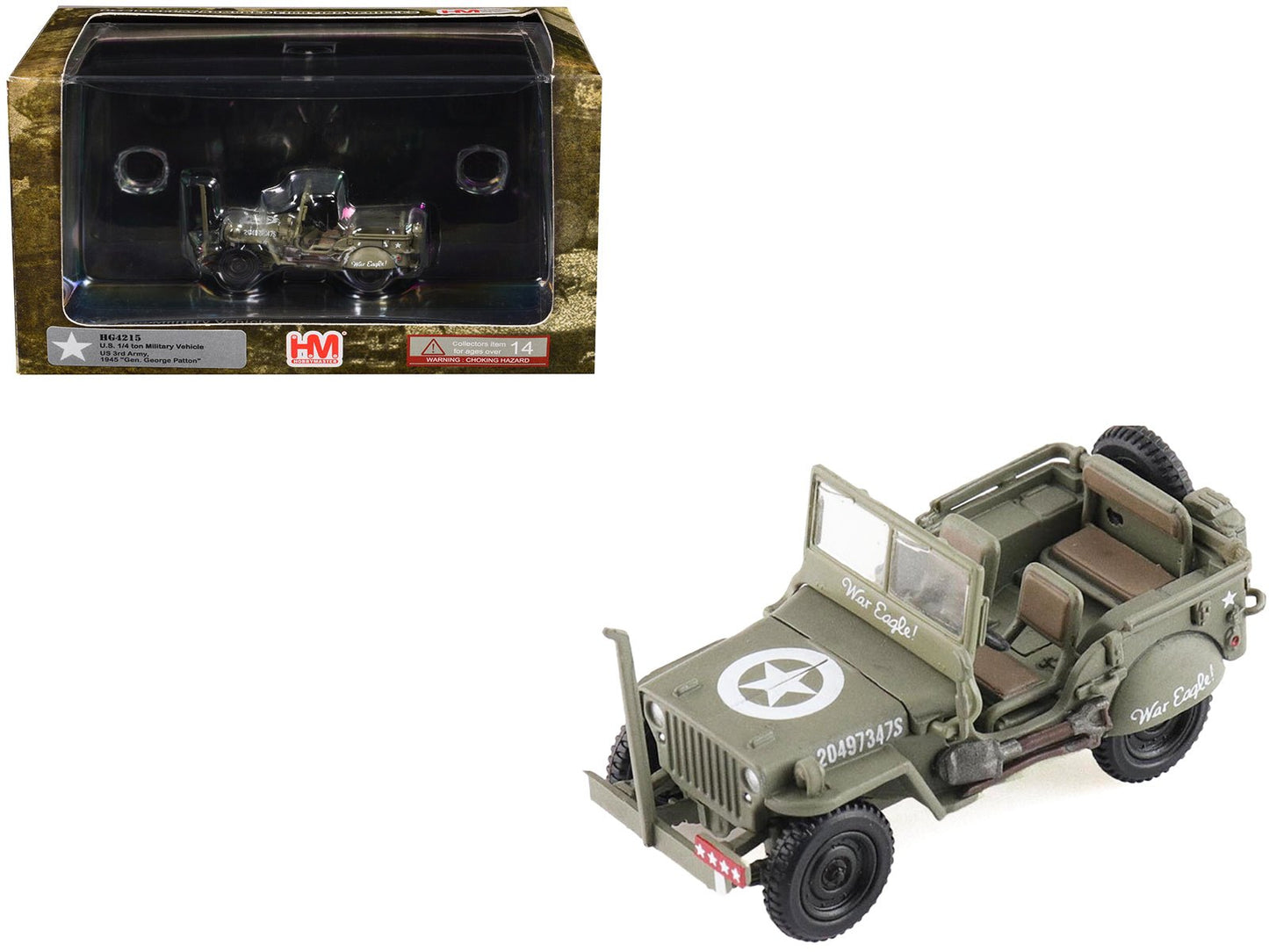 U.S. 1/4 ton Military Vehicle Olive Drab "Gen. George Patton US 3rd Army War Eagle" (1945) United States Army "Ground Power Series" 1/72 Diecast Model by Hobby Master  free shipping USA