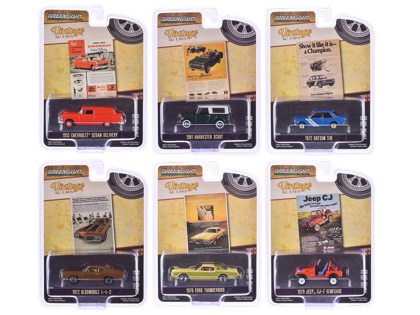 "Vintage Ad Cars" Series 11 Set of 6 pieces 1/64 Diecast Model Cars by Greenlight  free shipping USA